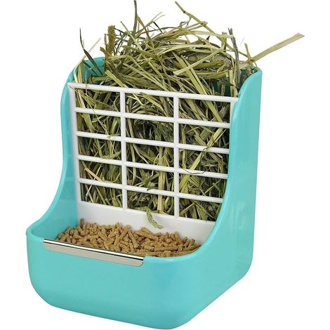 Comedero de heno 2 en 1 para cobayas, conejos y chinchillas (azul). (1/5)