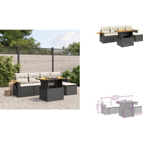 Salon de jardin 6 pcs avec coussins noir résine tressée - Ensemble Salon De Jardin - Meuble Extérieur - Résine Tressée - Rotin Synthétique - Table Extensible (1/3)