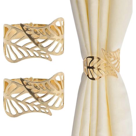 Embrasses de rideaux, lot de 2, boucles de rideaux décoratives en métal ajouré en forme de feuille, accessoire décoratif pour la maison ou le bureau (doré) (1/5)
