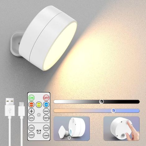Applique murale LED rechargeable Applique murale d'intérieur dimmable, télécommande/contrôle tactile Applique murale rotative à 360°, 3 couleurs Applique murale sans fil 2pcs (1/5)