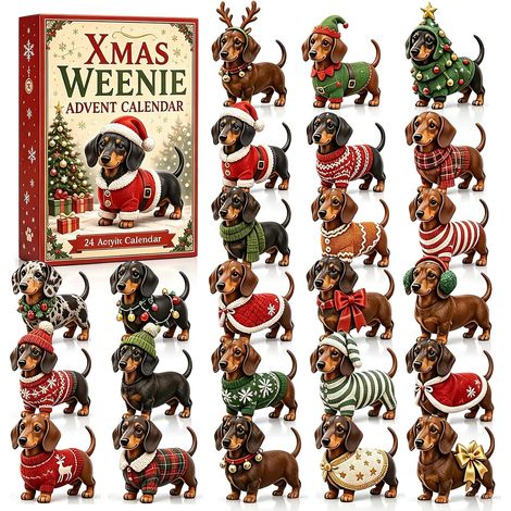 Adventskalender 2026 – 24-teilig – braun, rot, grün – Acryl – 28 x 20 cm – Dackel-Weihnachtsbaumschmuck – Christbaumschmuck – geeignet als Weihnachtsgeschenk und für die Inneneinrichtung (1/5)