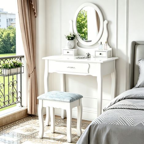 Coiffeuse avec miroir 360° réglable et tabouret, 3 tiroirs de rangement – Dimensions 75x40x136 cm – Blanc