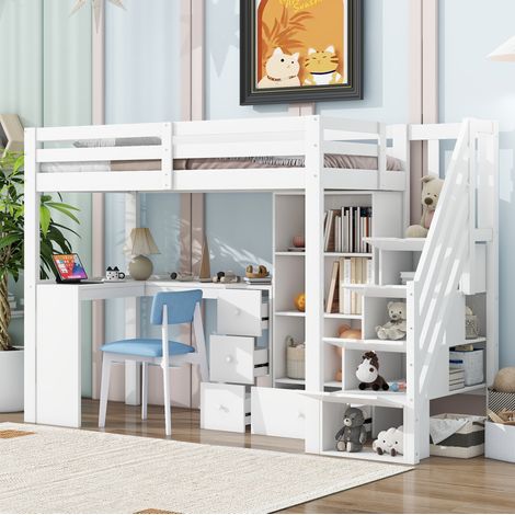 Lit mezzanine 90x200 cm en pin et MDF blanc avec bureau, tiroirs, rangement ouvert et échelle (1/5)