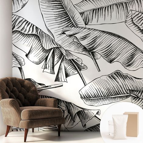 Papier peint intissé mural pour salon chambre à coucher tendance et originale - Colle incluse gratuite Feuilles de bananier 250x250 cm (1/5)