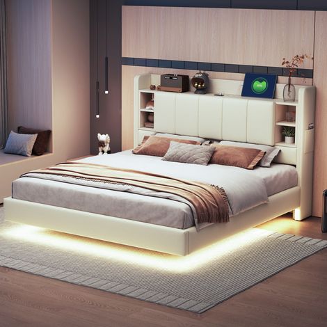 Lit Double Rembourré 160x200 cm - Éclairage LED, Tête de lit Réversible, Compartiments de Rangement et Étagères - Tissu lin - Beige