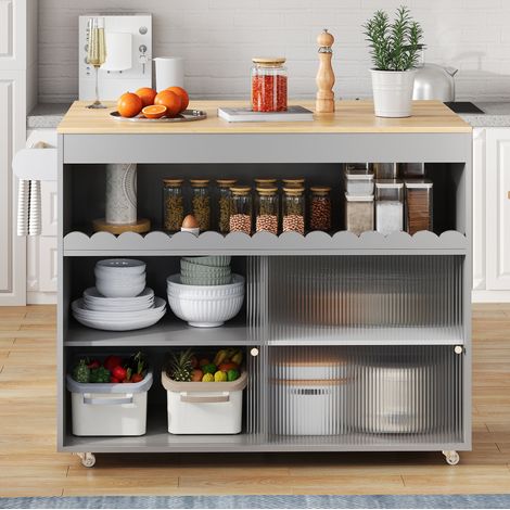 Carrello cucina a isola 122 x 46(69) x 91 cm grigio con piano in impiallacciatura di rovere (1/5)