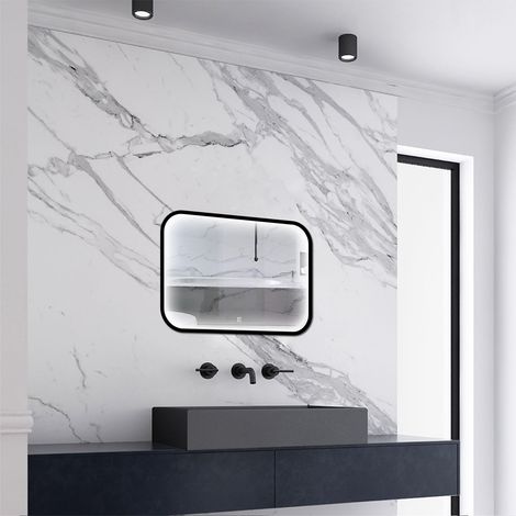 AICA 700x500mm Balck Framed Bathroom LED Mirror with Lights Demister Touch Sensor Wall Mounted (1/4)