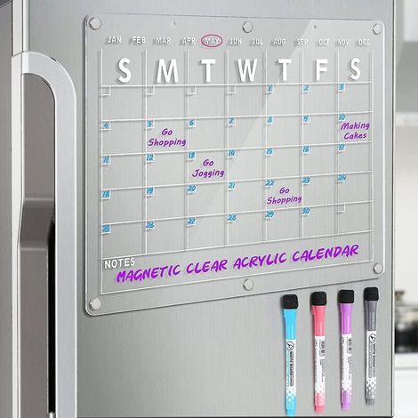 Calendrier magnétique effaçable à sec en acrylique pour réfrigérateur, 42 x 30,5 cm (16,5 x 12 pouces), calendrier magnétique de planification comprenant 4 pages. (1/5)