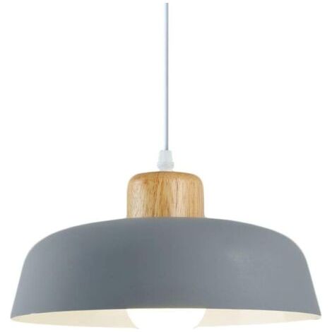 Lampe à suspension en métal rond simple et moderne nordique, Grand plafonnier E27 finition bois, Lumière suspendue de couleur vive pour salon de chambre à coucher de cuisine (Gris) (1/2)