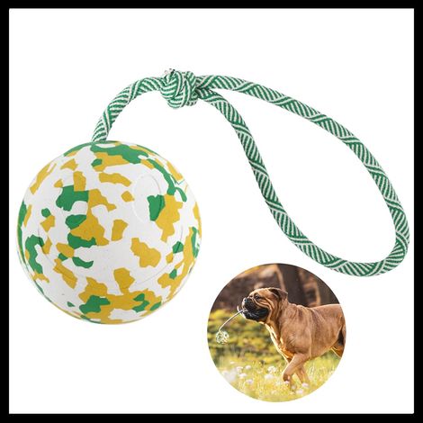 1 balle pour chien de 70 mm de diamètre (interactive, jaune et durable) sur corde, blanche verte, balle caoutchouc naturel pour animaux de compagnie (1/5)