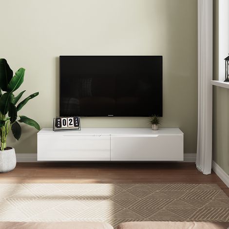 SONNI TV Board Möbel Hängend TV Schrank Board mit 2 Klapptüren Weiß Hochglanz mit Einstellbar LED Beleuchtung 160x35x30cm