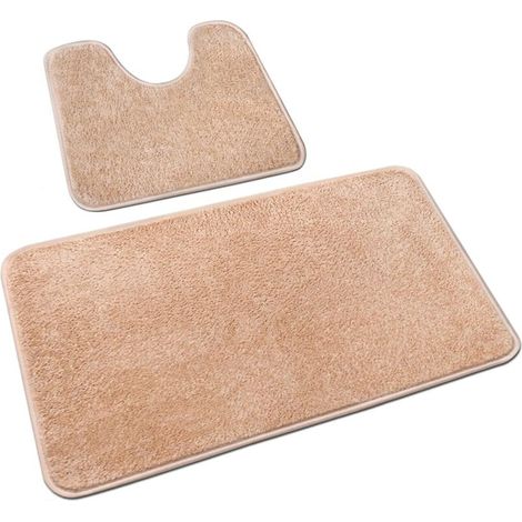Set of 2 washable, non-slip microfiber bath mats for bathroom and toilet, beige, 40 x 60 cm + 50 x 40 cm (1/4)