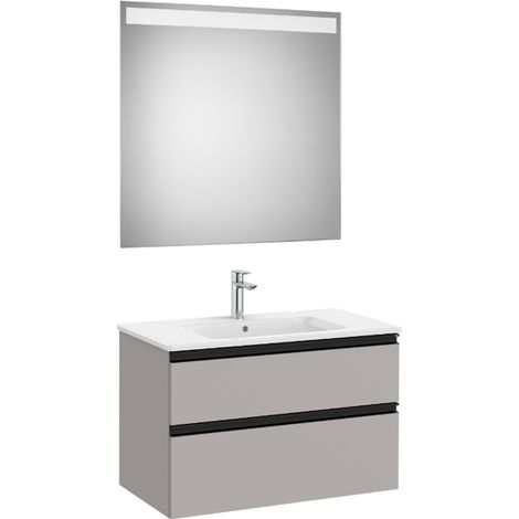 Pack meuble "The Gap" 800 - 2 tiroirs + lavabo slim + miroir LED - gris moyen mat/poignées noires - Roca (1/2)