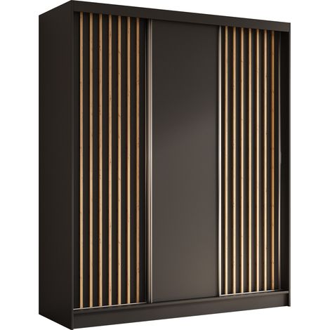 AX LIVING Cabinio 180 Schwebetürenschrank Schwarz mit Artisan Lamellen