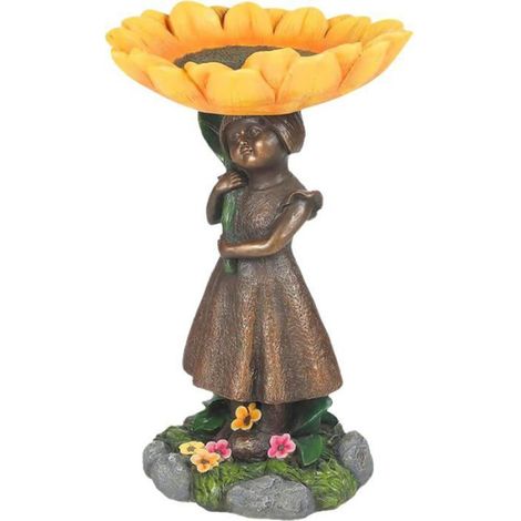 Bain d'oiseaux en résine, décor extérieur jardin avec figurine fille tenant un tournesol, ornement décoratif pour espace vert (1/5)
