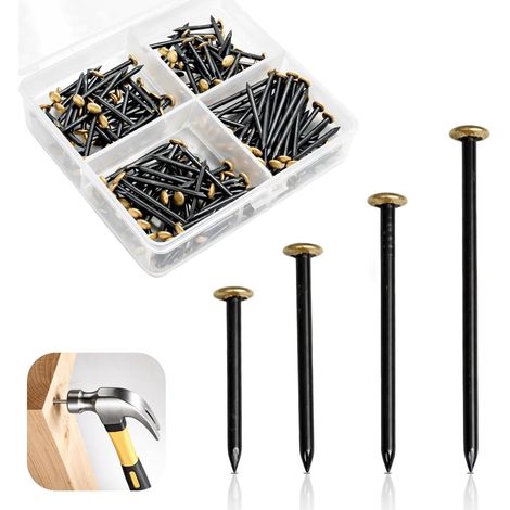 Lot de 120 Clous pour Tableau(20/25/30/40 mm), Clous à Suspendre, acier, Tête en Laiton, pour Béton, Brique, Bois, Extra Durs, pour Accrocher des Images, Sans Perçage, Doux pour Le Mur, avec Boîte