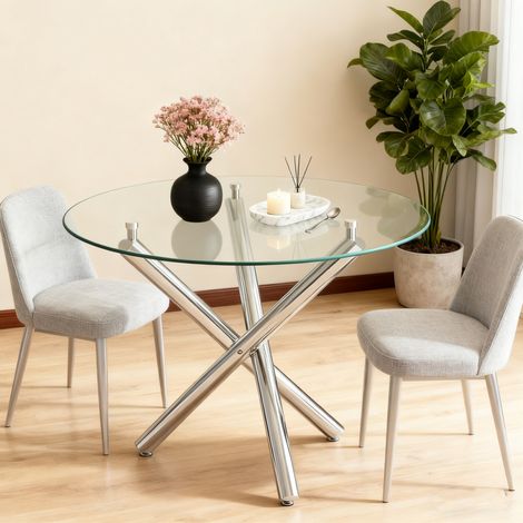 Mesa de comedor redonda 80 cm de vidrio templado y metal plateado, DESVIAE (1/5)