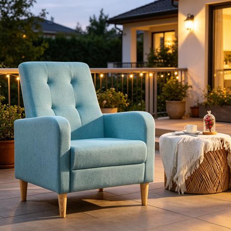 Fauteuil de salon 54x61x90,5 cm, fauteuil 1 place en tissu lin avec mousse et structure en bois massif, dossier haut pour chambre, bleu (1/5)