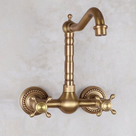 Robinet Cuisine Mural Laiton Rétro, Double Poignée Mitigeur Mural Évier Bronze Antique, Pivotant à 360° Robinetterie Mélangeur Murale Cuivre Salle de Bain, Bec de 16 CM (1/5)