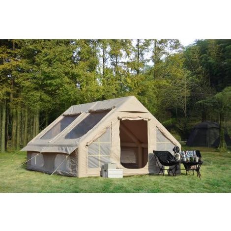 Tente gonflable familiale 7-8 personnes avec passage pour poêle, montage 5 min, imperméable PU3000 UPF50+, tissu 300D, pour camping jardin festivals, Beige