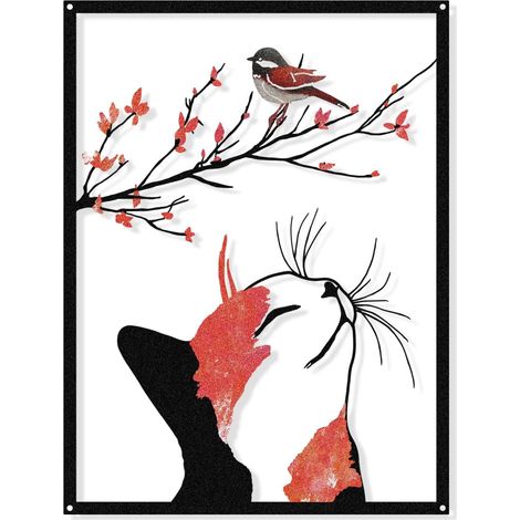 Décoration murale en métal pour la maison, silhouette de chat, oiseau sur une branche, enseigne décorative, décoration murale à suspendre pour le salon ou la chambre à coucher. (1/5)