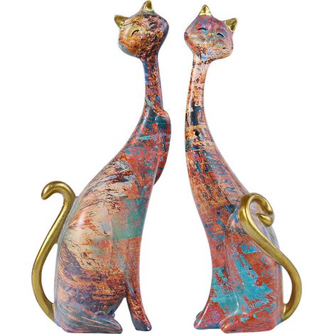 Set mit 2 Katzenfiguren aus Kunstharz zur Dekoration von Wohnräumen.
