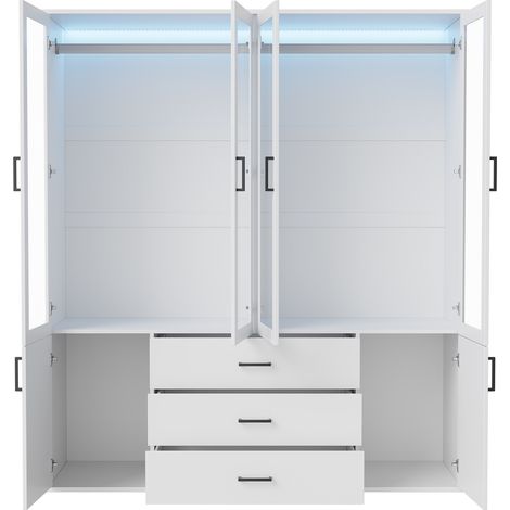 Armoire 160x51.8x182 cm avec 4 portes transparentes, 3 tiroirs， penderie - éclairage d'ambiance réglable - moderne，verre et bois - blanc — vue 4
