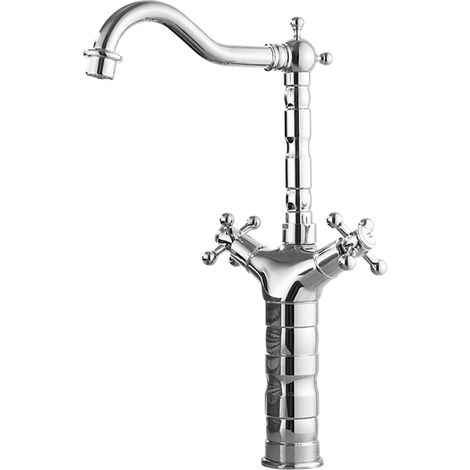 Robinet de cuisine à double poignée en croix, d'évier en laiton à montage sur plage, monotrou, robinet d'eau chaude et à eau froideo (argent, haut) (1/5)