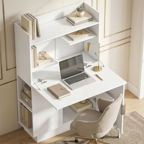 Bureau d'ordinateur pliant blanc étagères et placard bureau informatique avec plateau rabattable 80x30x128cm design moderne (1/5)