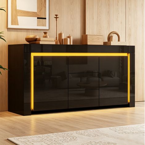 Aparador 140/40/65 cm negro brillante con LED, 2 puertas y 3 cajones (1/5)