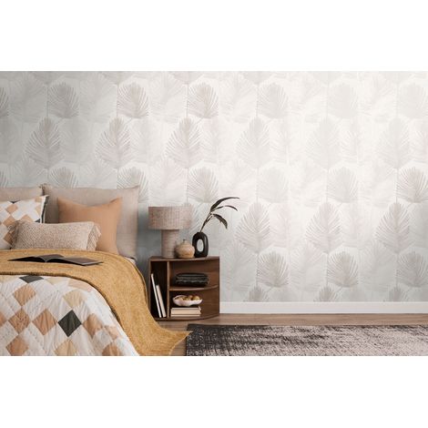 Papier peint intissé Palmiers & Feuilles Gris, Blanc - 10,05 x 0,53 m (1/5)