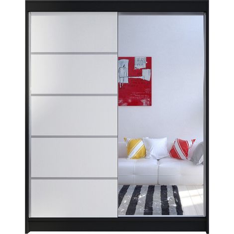 Armoire Closico Vastor III, Noir + Blanc, 200x150x58cm, Portes d'armoire: Coulissantes, Nombre d'étagères: 5