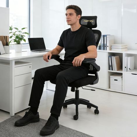 Fauteuil de bureau ANDYOU en fausse fourrure et maille, avec fonction bascule pivotante, noir (1/5)