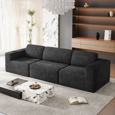 Canapé Modulaire Compressé 3 Places Velours Côtelé,Confort avec Mousse à Haut Retour Élastique,Sans Assemblage,303x101x82cm,Noir
