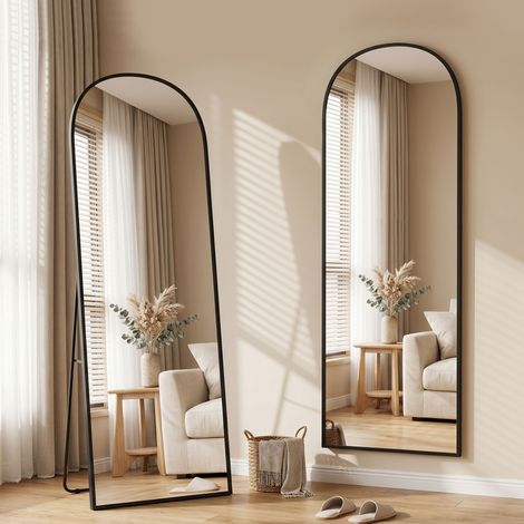 Miroir sur pied et mural moderne en alliage d'aluminium avec support pliable, 50 x 170 cm, noir (1/5)