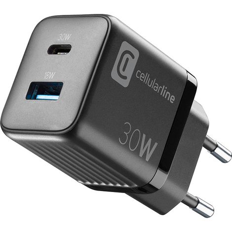 Cargador de pared Cellularline Multipower Micro GaN - USB-C y USB-A Power Delivery de 30 W (Negro) (1/5)