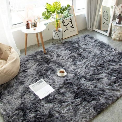 Tapis shaggy antidérapant 120x200cm – Velours doux 4cm d'épaisseur – Décoration moderne pour salon et chambre – Couleur noir gris (1/5)