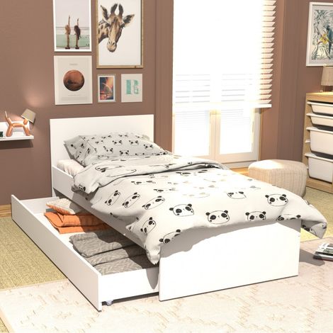Lit adulte OSLO 90x190 cm – Structure en panneau de particules blanc – 1 tiroir sur roulettes – Hauteur 41,5 cm avec tête de lit – Weber Industries (1/4)