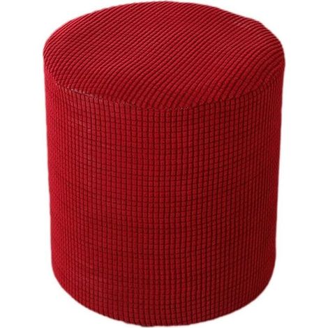 Housse Pouf Ronde Gaufre Jacquard Velours Housse Repose-Pieds Élastique Protecteur Rouge Vin (1/5)