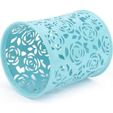 Blue Metal Hollow Pen Holder with Rose Pattern, Pencil Organizer Container for Office with an Elegant Hollow Rose Design (1/5)