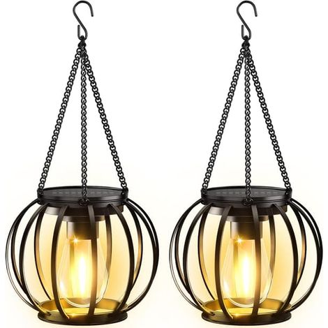 Lanternes suspendues en métal, étanches et alimentées à l'énergie solaire - Plus lumineuses - Allumage/extinction automatique - Idéales pour décorer le jardin, l'allée, la terrasse et le porche. (1/5)