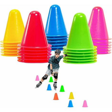 Lot de 30 cônes d'obstacle pour enfants - 8 cm - Pour le football, le sport, l'équitation, l'entraînement du chien (Jaune/Rouge/Vert/Bleu/Rose) (1/5)