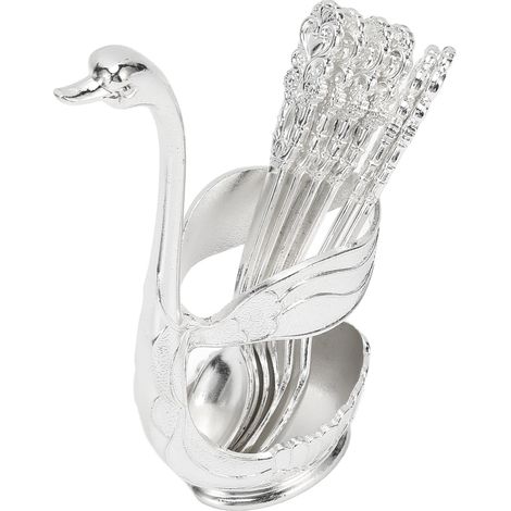 Ensemble de 6 cuillères à café et à dessert avec base en métal en forme de cygne et support de rangement, comprenant 6 cuillères à fruits et à gâteaux.