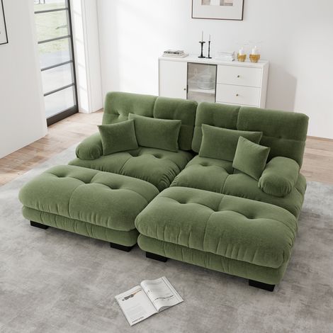 Canapé d'angle nuage 2 places chenille vert avec 2 coussins lombaires, 2 coussins décoratifs, accoudoirs larges, 2 poufs