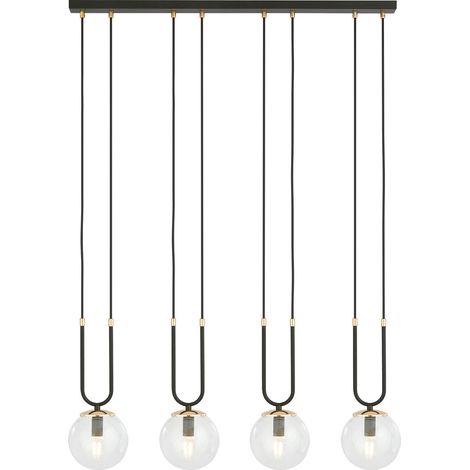 Sospensione Contemporanea 4 Luci Glam Acciaio Nero Oro E Sfera Vetro Trasparente (1/5)