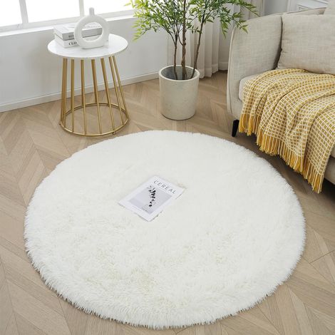 Tapis Chambre Enfant Rond Blanc Tapis de Salon 120cm à Poils Longs Descente de lit Moelleux Doux Poils Longs pour Salon Chambre Canapé Tente Parc Enfant