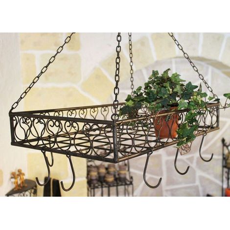 Dandibo – Suspension de casseroles et poêles 65 cm – Étagère de plafond avec 10 crochets – Métal brun patiné – Pour rangement cuisine (1/3)