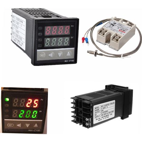 Régulateur de température PID REX-C100 avec écran LCD numérique + thermocouple K + relais statique max. 40 A (1/5)