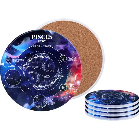 Set di 4 sottobicchieri in ceramica con segni zodiacali Pesci, tazza, piatto. (1/5)