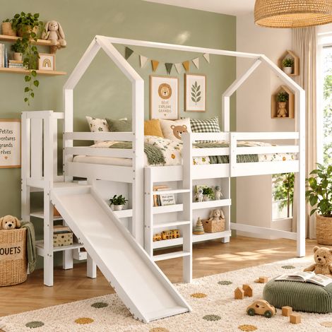 Lit enfant 90x200 cm en bois blanc avec toboggan, escalier, rangements et étagères, sommier à lattes inclus, sans matelas (1/5)